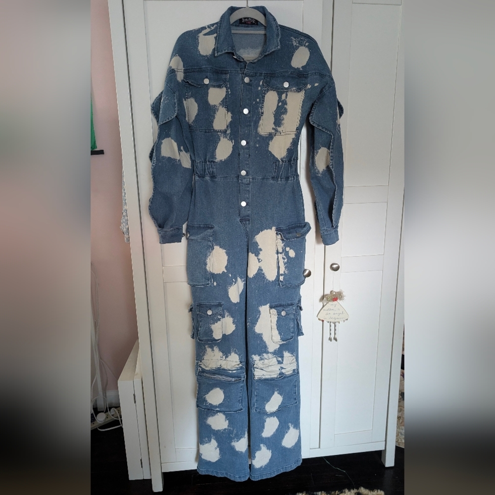SWANK Blue and White Denim Jumpsuit